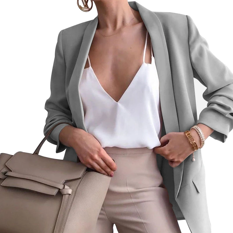 

CINESSD Women Slim Blazer Coat Cardigan Jackets Notched Long Sleeves Casual Suits 2021 Summer Autumn Solid Pocket Plus Blazers