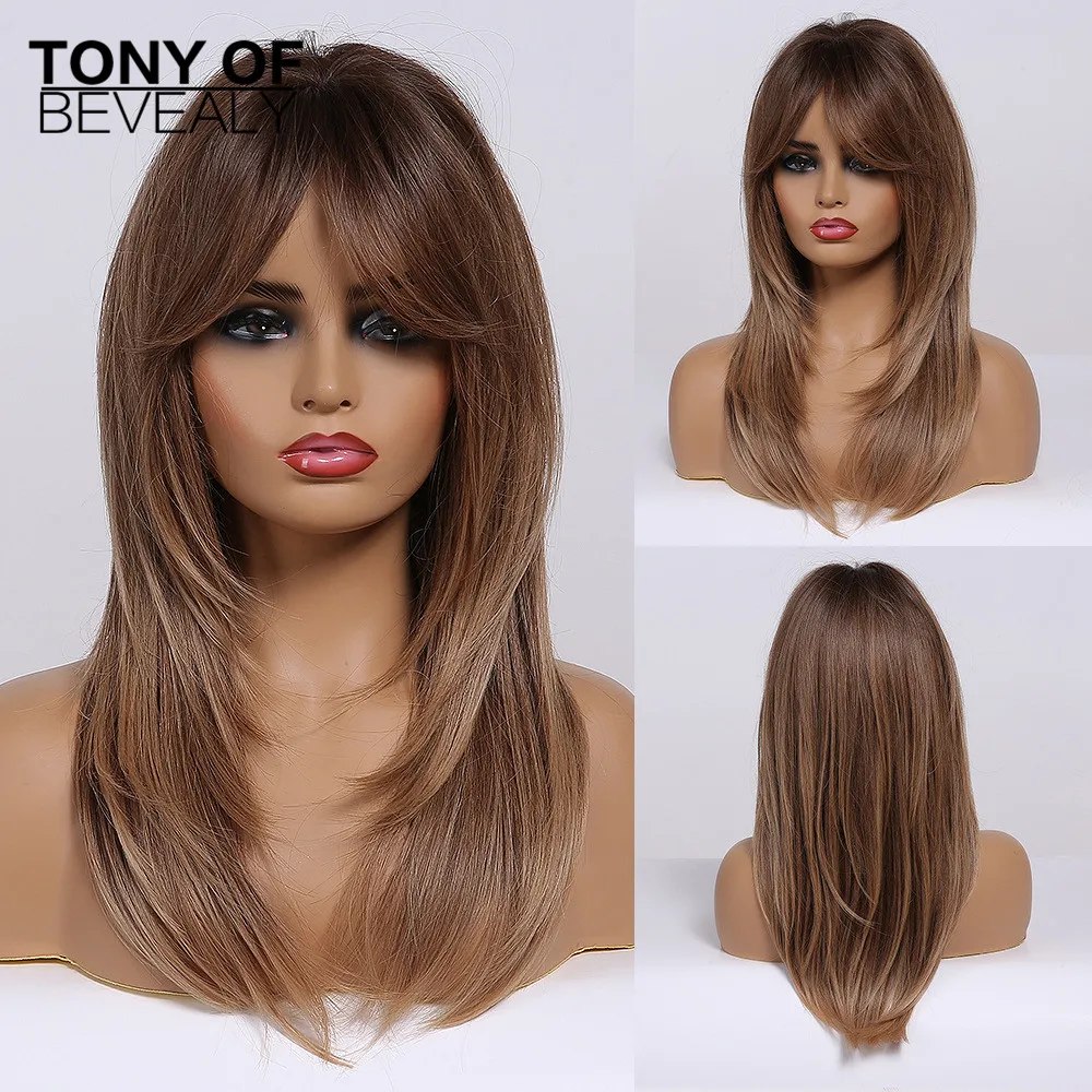 

Long Layered Wavy Ombre Brown Hair Wigs with Bangs Heat Resistant Synthetic Wigs for Afro Women Daily Cosplay Natural Wigs