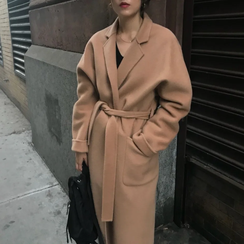 

Kpop Korean Celebrity new Winter Ladies Solid color Long Cashmere Coat Long Sleeved Elegant Office Jacket women Casual Outerwear