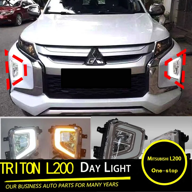 

2018 2020 2PCS Day Light For Mitsubishi Triton L200 LED DRL Daytime Running Lights Fog Lamp Cover With Yellow Turn Signal Lamp