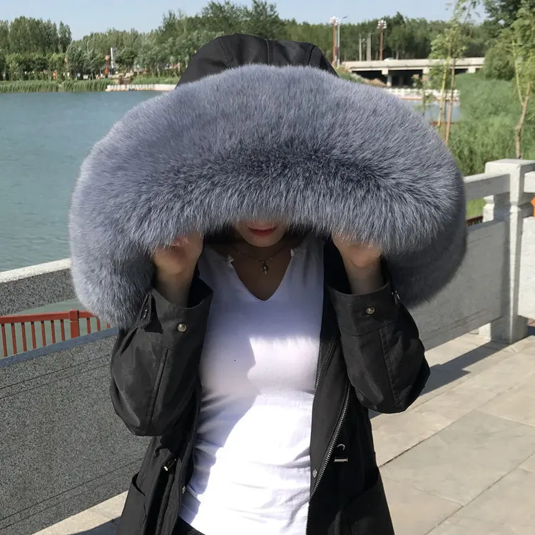 Grey Натуральный мех лисы воротник зимний женский натуральный пушистый мех серый воротник шаль из натурального меха енота меховой шарф женский роскошный - Цвет: Grey