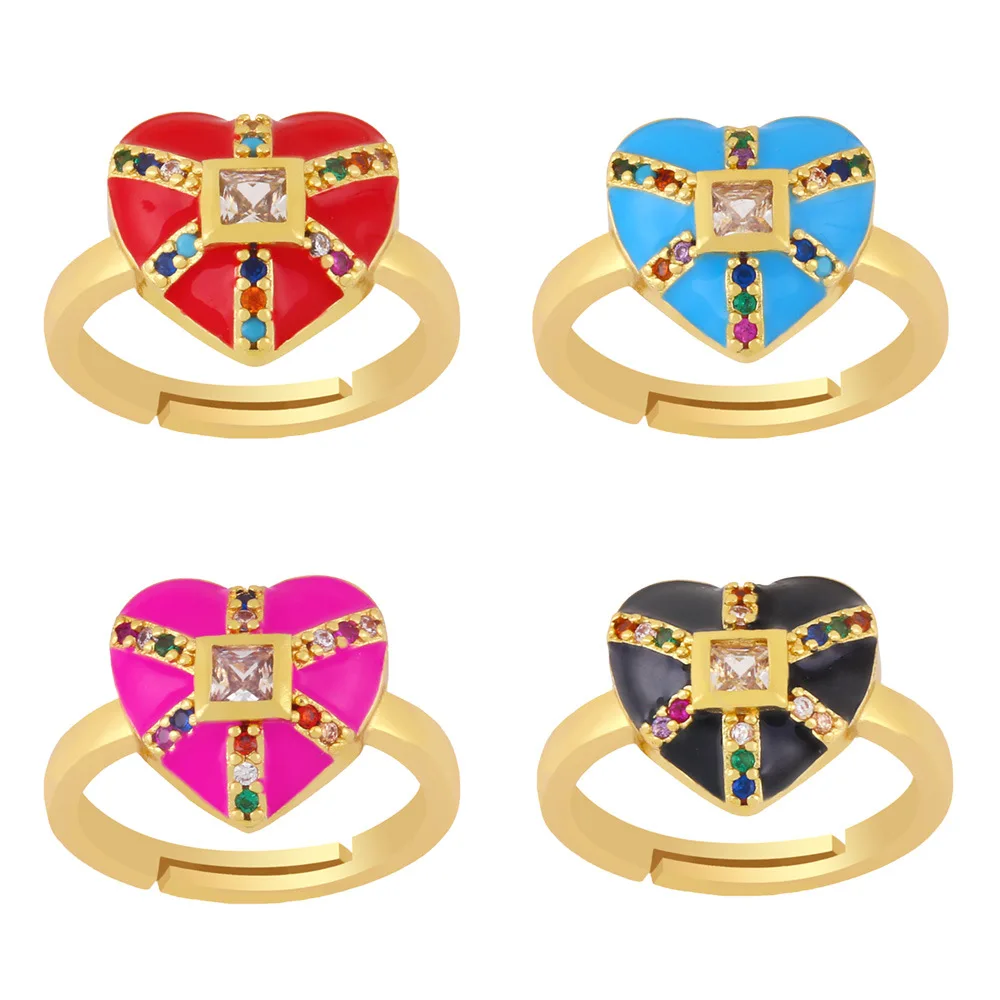 

New European and American hot-selling color zircon ring female fashion retro heart-shaped drip ring gift