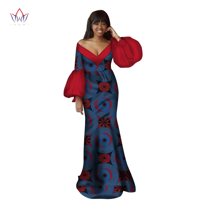 2020 Autumn Traditional African Clothing Dashiki Floor-length African V-neck Dresses For Women Full Sleeve None 6xl BRW WY2368