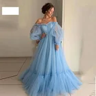 Синие платья для выпускного вечера с длинным рукавом, платье принцессы с открытыми плечами, 2021 тюлевые Официальные Вечерние платья на шнуровке