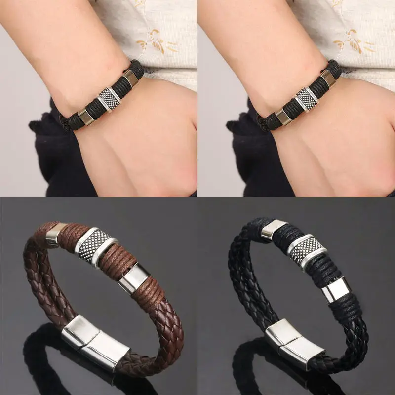 2020 New Unisex Leather Titanium Steel Braided Clasp Bracelet for Men and Women Causal Retro Jewelry | Украшения и аксессуары