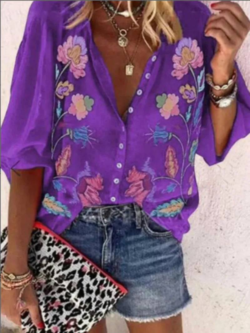 

Summer Woman Print Shirt Loose V-Neck Single Breasted Ladies Blouses Street Fashion Five-Point Sleeve Female Party Femme New