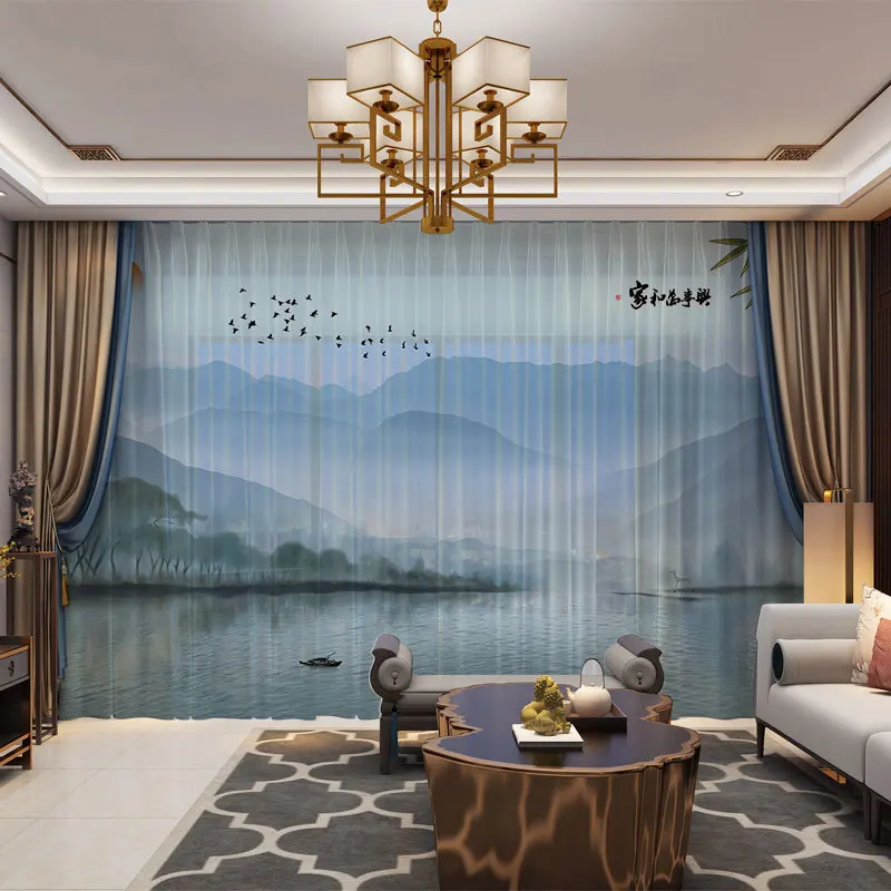 Шторы с изображением гор и пейзажа в китайском стиле занавески драпировкой на