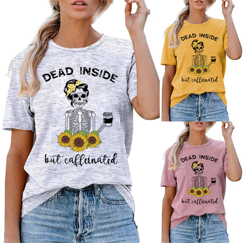 Summer fashion top fun head chrysanthemum print T-shirt round neck DEAD INSIDE