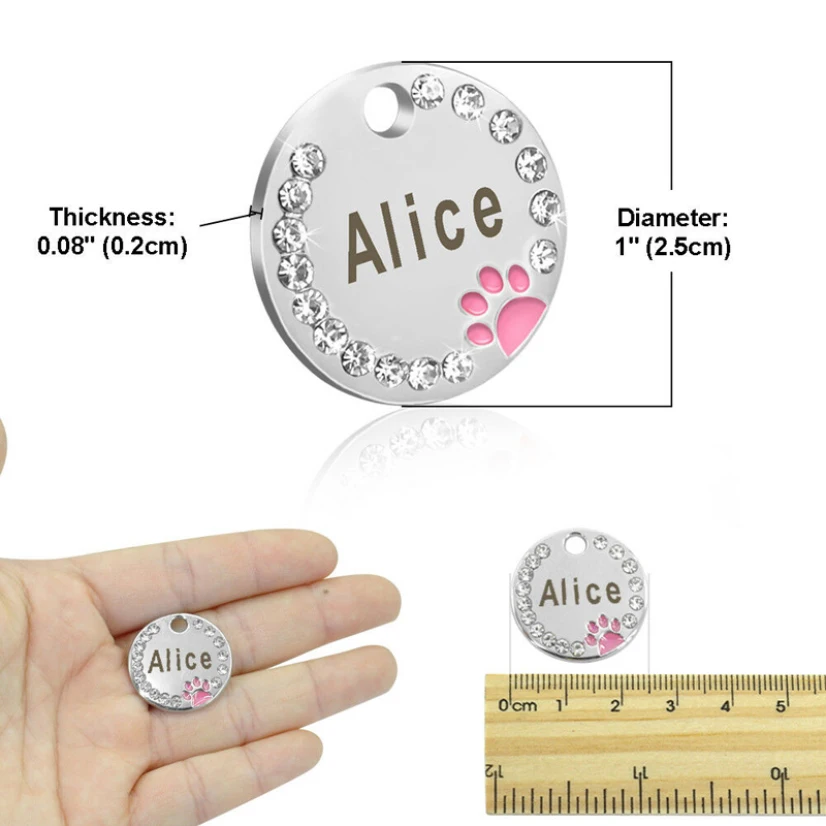 

Pet Tag Key Chain Collar Charm Metal with Rhinestone Round Paw Design Anti-Lost Supplies For Dogs Collars Ring