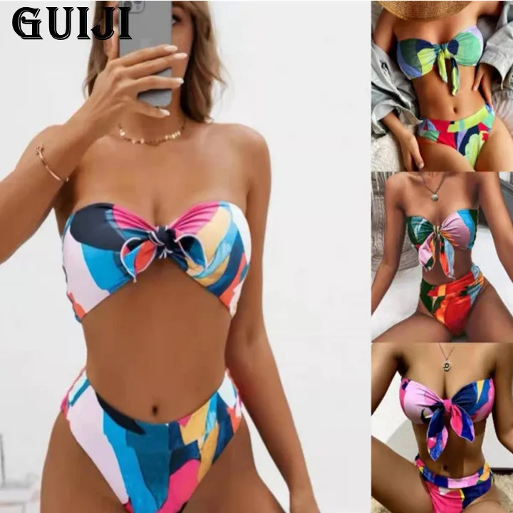 

【GUIJI】Ready Stock 2021 Sexy Color Stitching Bikini Set Women's Swimsuit Printed Bikini Tube Top Bikini Set Free Shipping