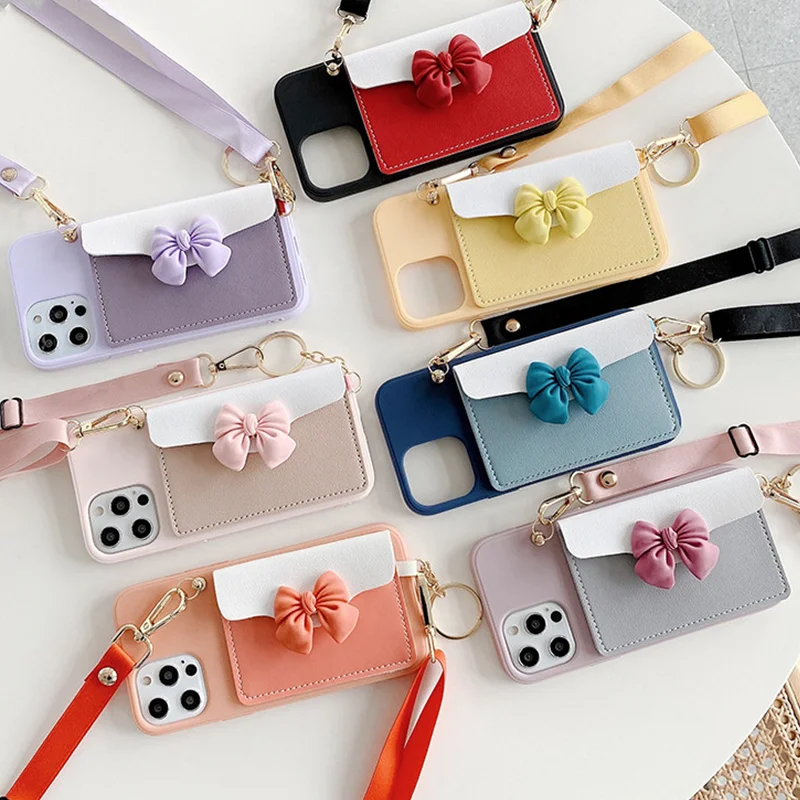 

Cartoon Bow Wallet lanyard Soft Phone Case for OPPO Reno ACE 2Z 2F 10X Zoom 3 4 SE 5 Pro K7 Coin Purse cover Card Candy Cases