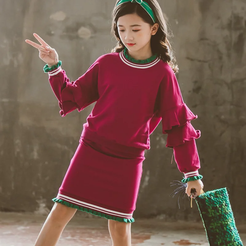 

2pcs Girls' suit 3-14Y spring autumn long-sleeved 2021new style medium and large children's suits and skirts two-piece suit