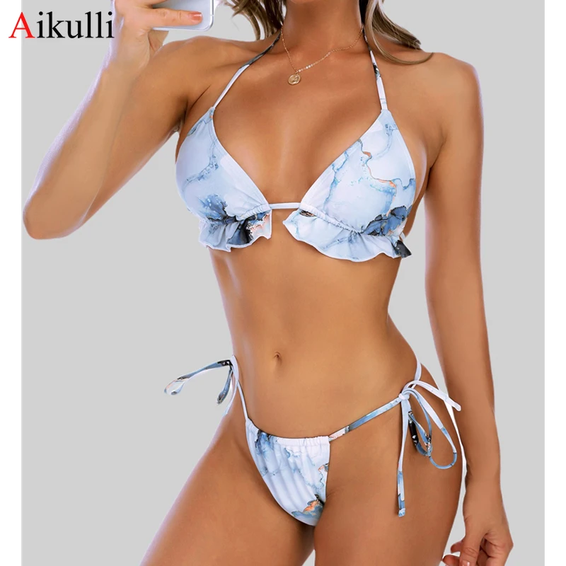 

Sexy Marble Bikini Swimsuit Women Ruffle Swimwear Push Up Bikinis Set 2021 Brazilian Bathing Suit Summer Beach Swim Suit Biquini