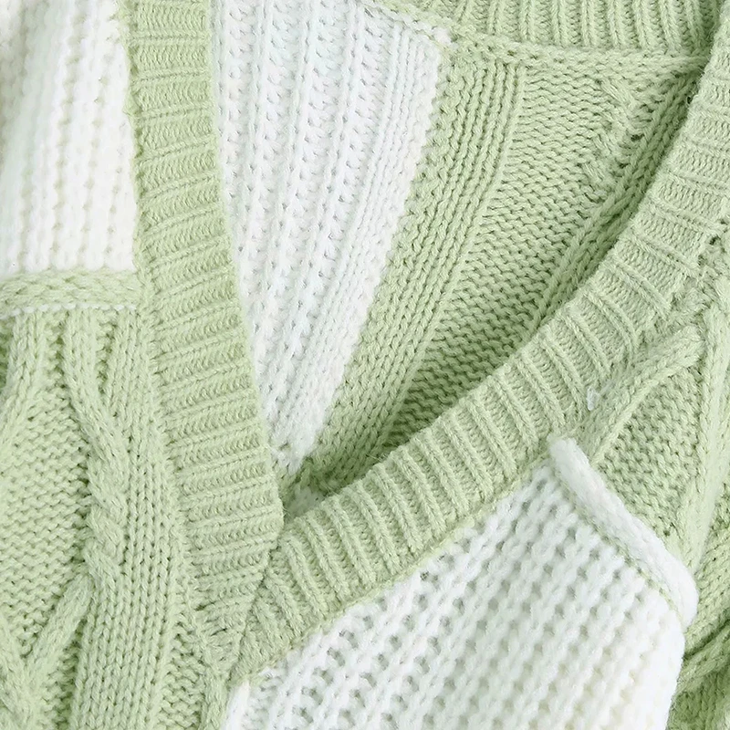 Aelegantmis Soft V Neck Twist Knitted Pullover Women Color Block Vintage Sweater Korean Fashion Female Casual Loose Jumpers 2022 | Женская