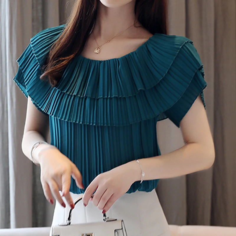 

LJSXLS One Word Collar Off-Shoulder Chiffon Short Sleeve Blouses Womens Korean Folds Ruffles Shirt Female Lake Blue Tops Femme