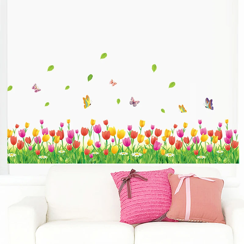 

Tulip Flowers Grass Butterflies Wall Foot Stickers Home Mural Casement Decor Wall Stickers For Kids Rooms New Arrival