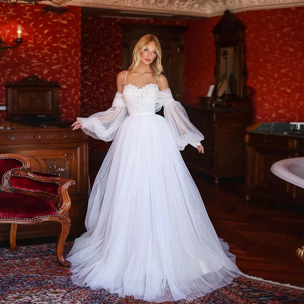 

Plain White Bridal Wedding DressFlower Applique Tulle Off the Shoulder Simple Long Puffy Sleeves Bride Gown Marriage Gown Robe