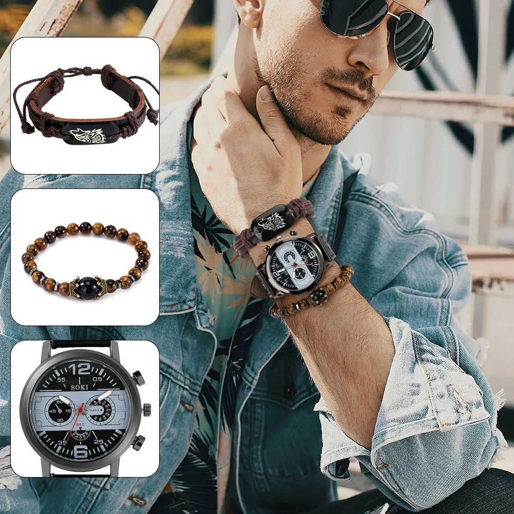 Men Watch Luxury Set Wolf Bracelet Black Quartz Watches Crown Bead Bracelets Male Wristwatch Gift Boyfriend Husband Reloj Hombre