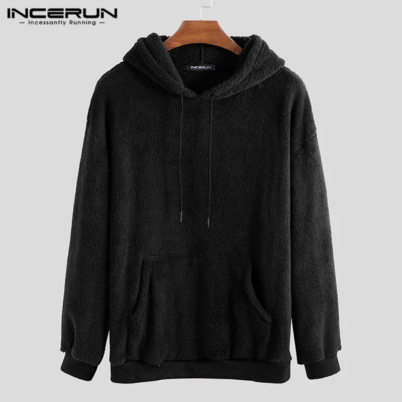 Black Hoodies Осень зима мужские толстовки пушистые однотонные с капюшоном модные карманы из искусственного флиса с длинным рукавом Повседневные уличные мужские толстовки INCERUN - Color: Black Hoodies