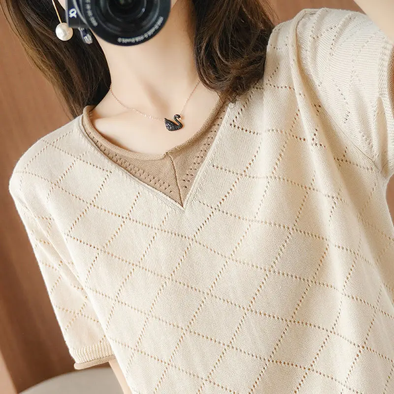 

MASTGOU Women Summer Short Sleeves T shirt Fashion Knittes Casual Female Tee Shirt Top Hollow Out T-shirt