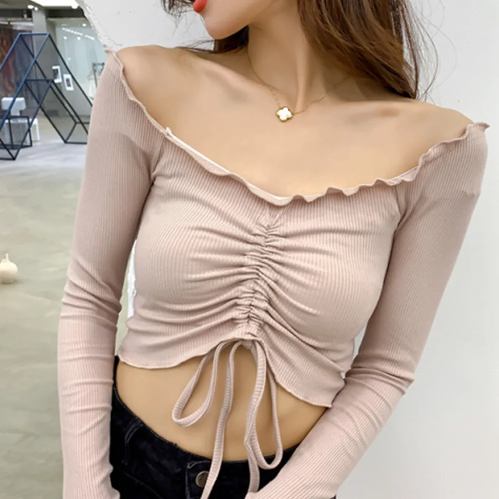 

Women's One-shoulder Top with Front Drawstring Long Sleeved Short Pure Color T-shirt