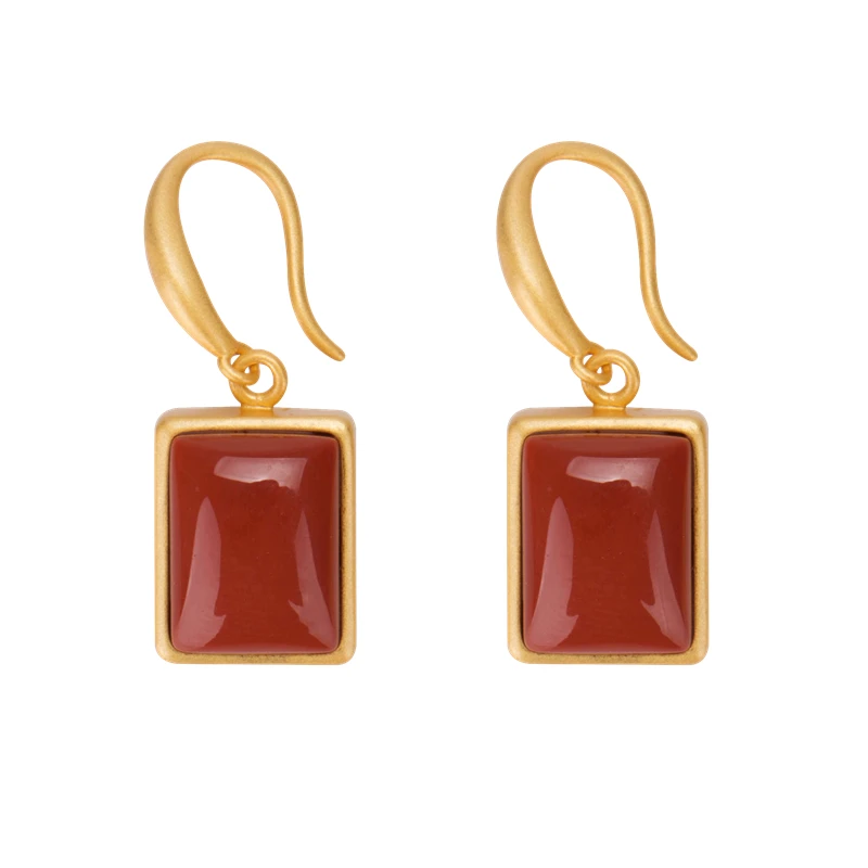 

Fanling gilded round corner rectangular Red Agate Earrings S925 silver mysterious retro Chinese Red