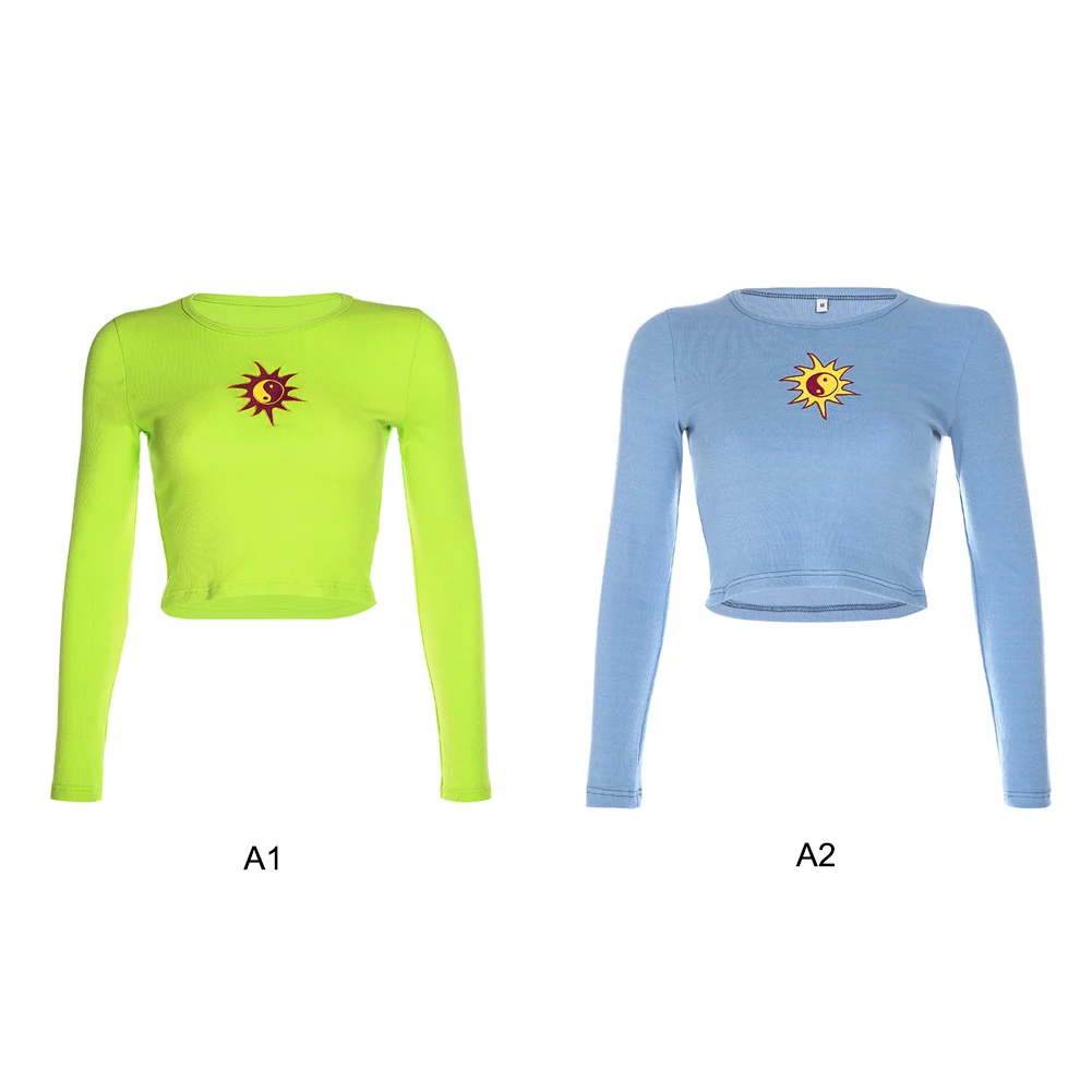 Женская модная неоновая зеленая футболка с вышивкой от солнца топы для девочек