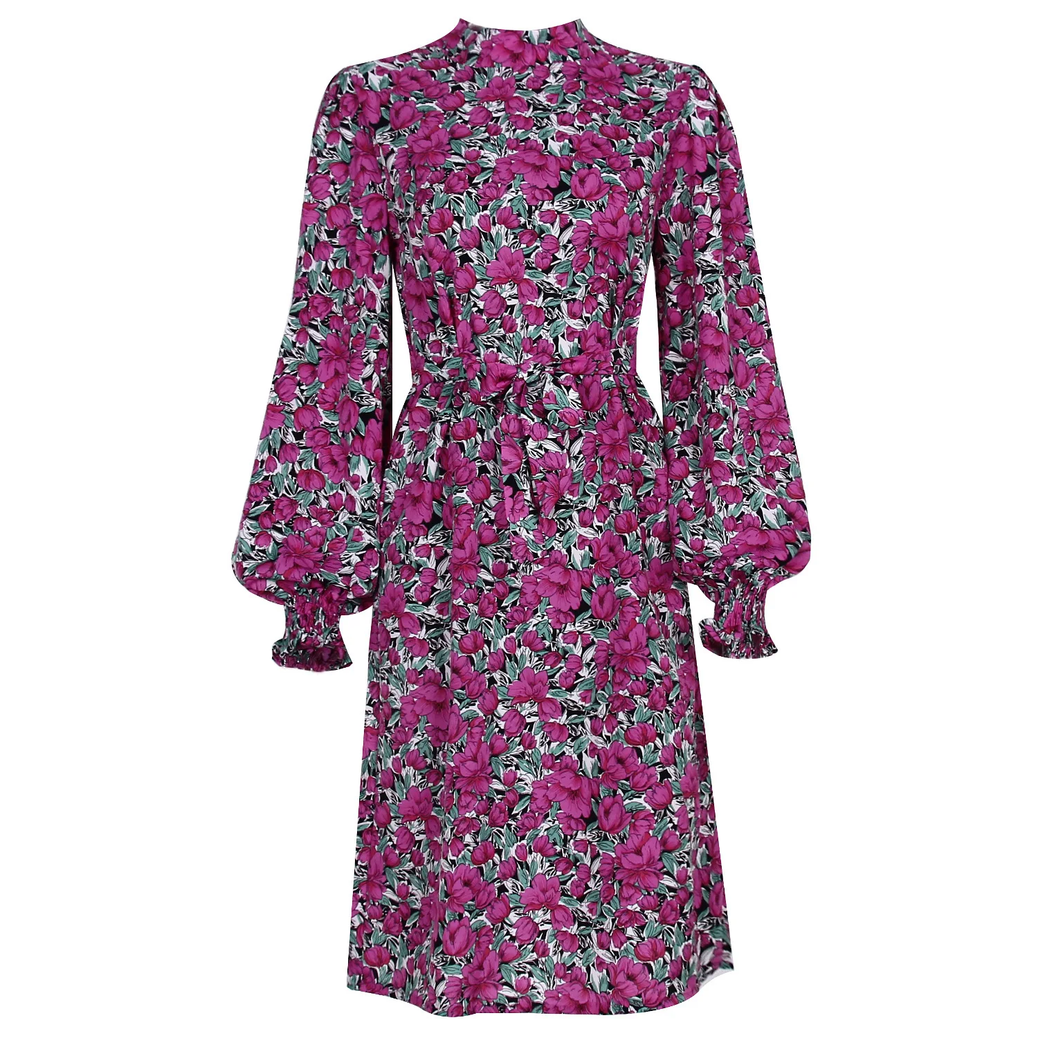 

Fanco Autumn New Print Floral Stand Collar Chiffon Dress Women Lantern Long Sleeve Elegant Female Fashion Casual Knee-Length