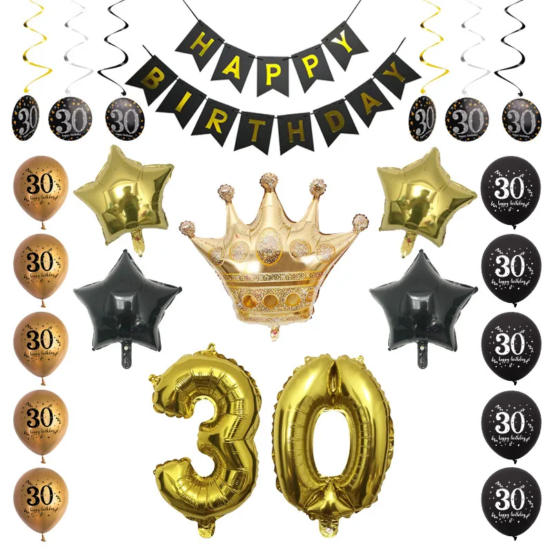 

1Set Black Gold 30th 40th 50th 60th Balloon Happy Birthday Banner Adult 30 40 50 60 Year Old Birthday Party Decoration Supplies