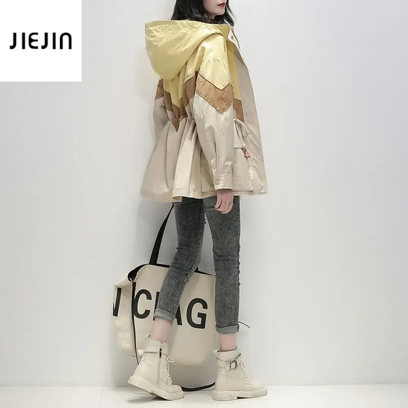 

Korea Fashion Turn Down Collar Parkas Women Elegant Stitching Jacket Coat Tie Belt Coats Women Hooded Jackets Spring Outerwear