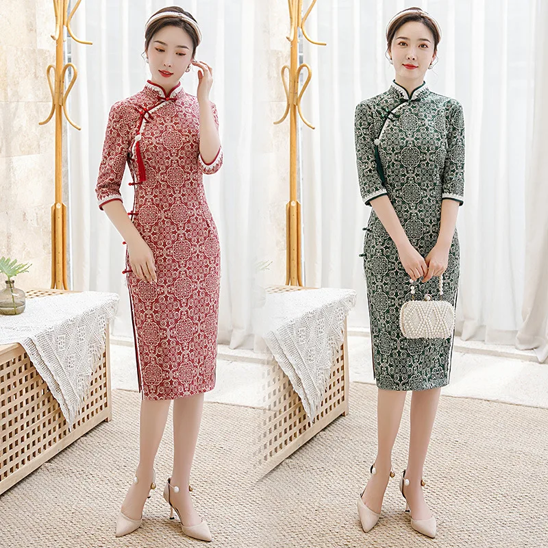 Женское элегантное Замшевое платье Qipao с изысканным принтом и кружевной отделкой