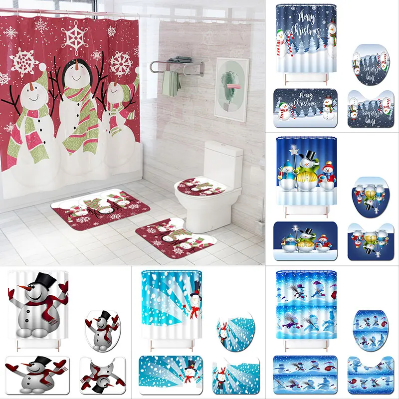 

Christmas Snowman Shower Curtain Bath Mat Set Print Bathroom non-Slip Carpet Toilet Lid Cushion Waterproof Curtain With 12 Hooks