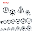 Пирсинг для носа из нержавеющей стали, 14 г, 16 г, 100 шт., пирсинг для уха, шпильки, лабретка, винт, резьбовые шарики, сменная коническая деталь насадок, пирсинг