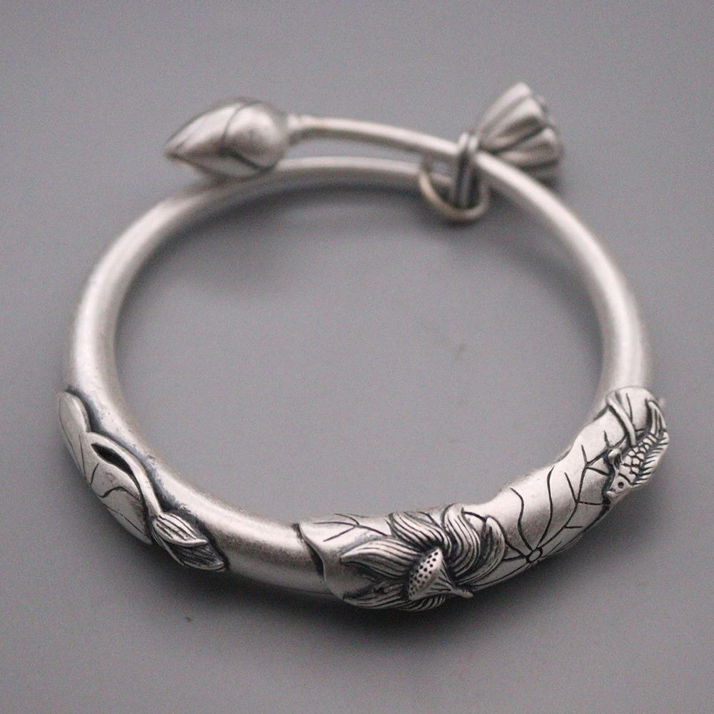

S999 Fine Silver Bangle Women Luck Lotus Flower Pattern with Seeds Charm Bracelet 58-64mm / 12mmW / 55-57g