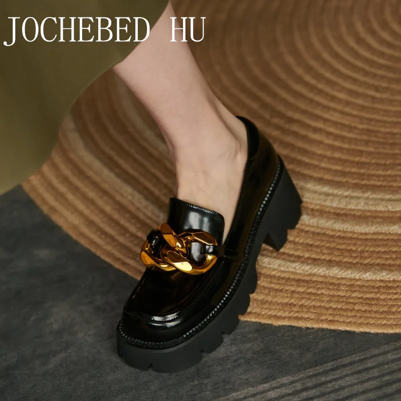 

【JOCHEBED HU】Platform Shoes Women Patent Leather Genuine Cow Leather Loafers Women Shoes Penny Shoes Square Toe Chain Decoratio