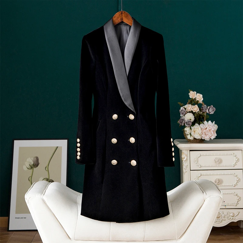 

Simple Autumn And Winter 2021 Black Exquisite And Elegant Double-Breasted Velvet Female Jacket Mid-Length Slim Trench Coat