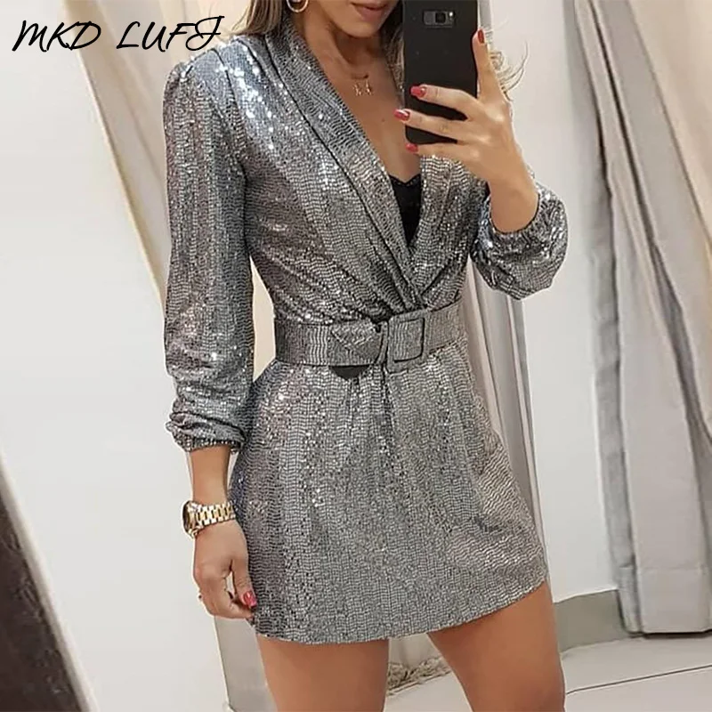 Сексуальное платье с глубоким v-образным вырезом и длинным рукавом блестками