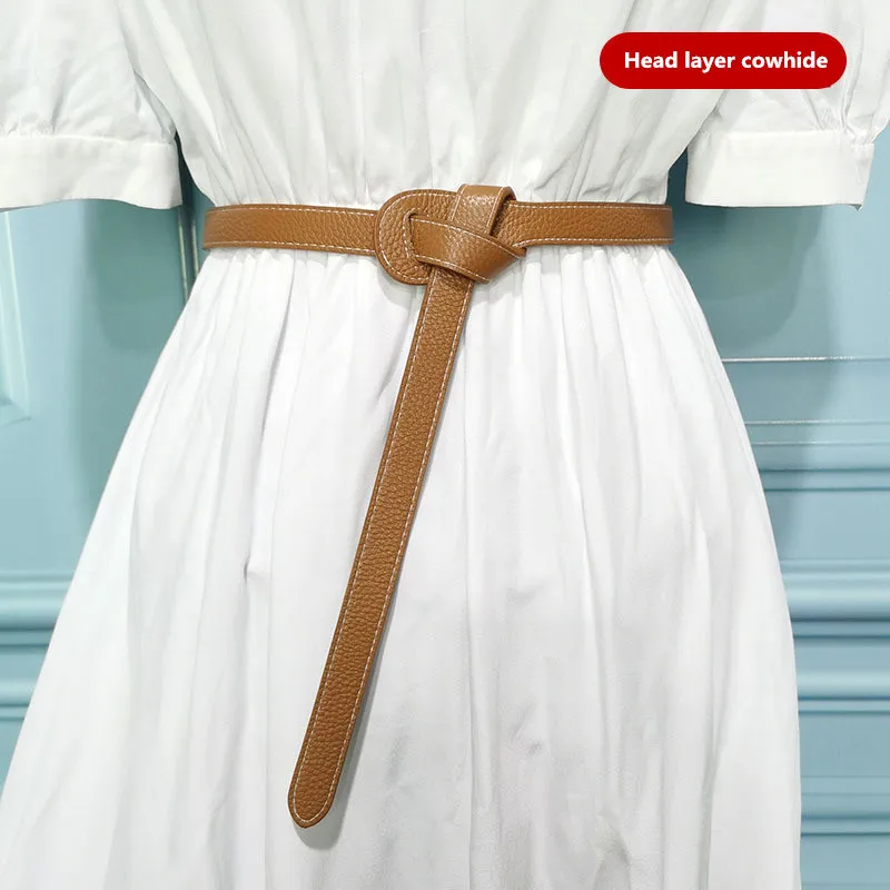 

Ремень из натуральной воловьей кожи Женский, двухсторонний широкий пояс с узлом, однотонный черный, для платьев