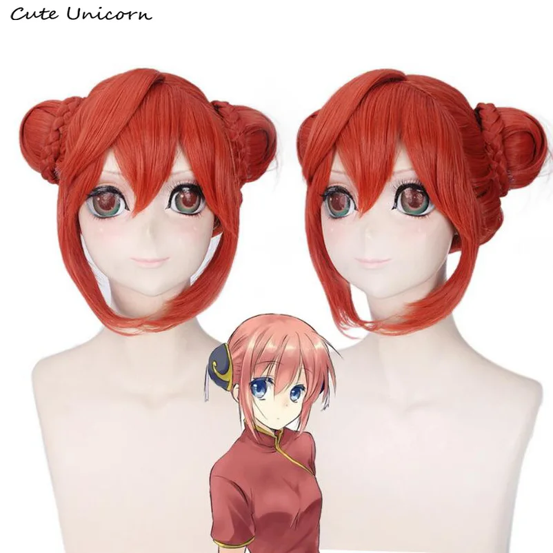 

Anime Gintama Kagura Cosplay Wig With Chignon Silver Soul Short Orange Red Wigs Heat Resistant fiber Synthetic fake hair