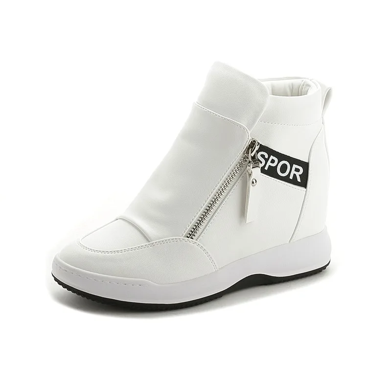 

Женские кожаные кроссовки на флисовой подкладке, повседневные, спортивные, с высоким берцем, на молнии, белые, увеличивающие рост, для весны,...