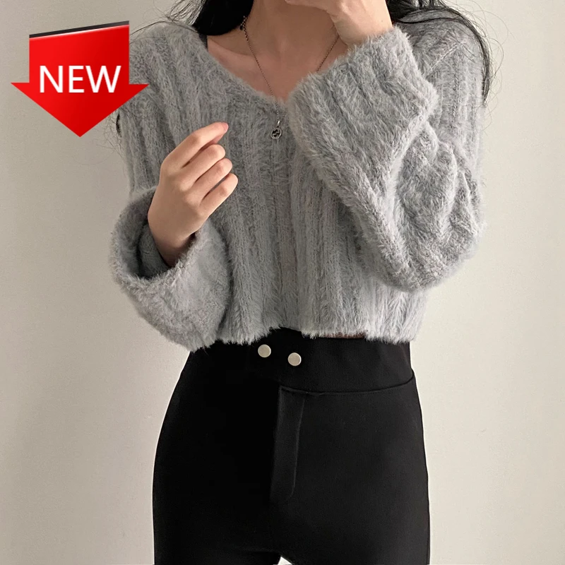 

ashmere Knitted Female Short Loose Solid Elegant Pullovers Office Lady Casual Tops 2021 Women O-Neck Sweaters Mink C