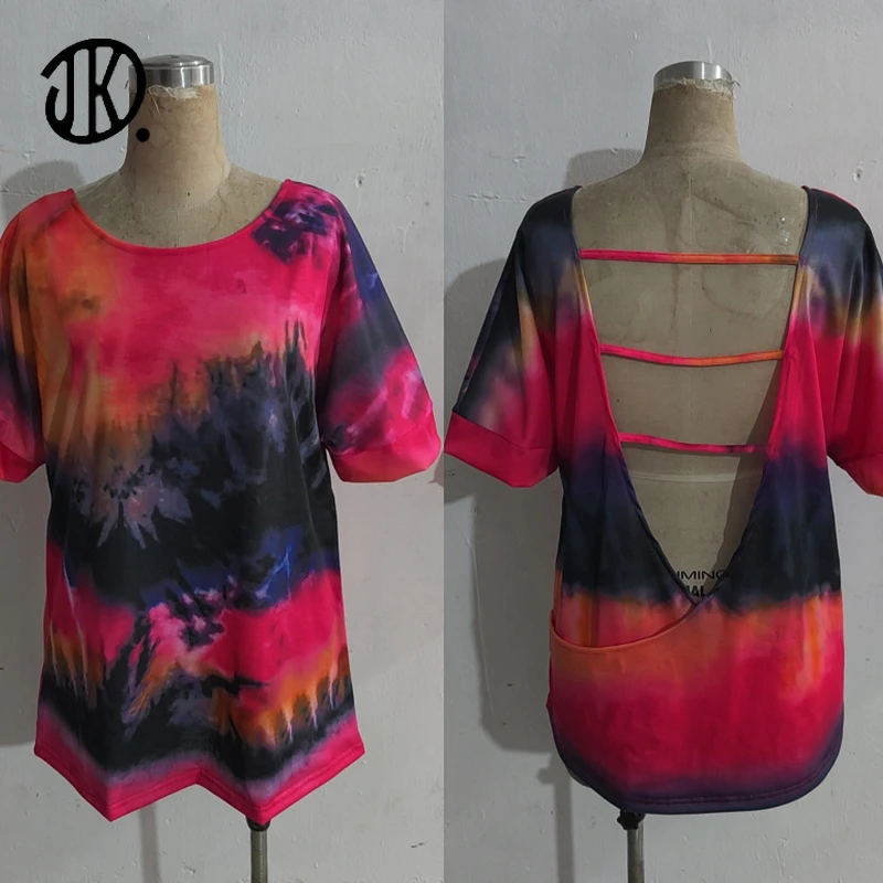 

Fashion Tie Dye Top Women Loose Pattern Printed Casual Plus Size Open Back O-neck T-shirt For Ladies Personality Mujer Pullovers