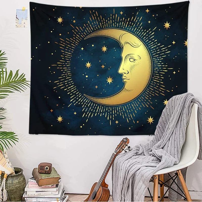 Гобелен с Луной стена со звездами психоделическая эстетика небесный темно-синий