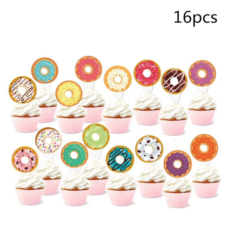 16pcs topper Пончик тематические праздничные бумажные соломинки 10 шт. чай время пончики десерт для маленьких детей события День Рождения украшения питьевой соломы поставки - Цвет: 16pcs topper