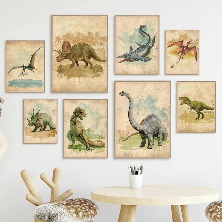 

Vintage Watercolor Dinosaur Nursery Retro Wall Art Canvas Painting Nordic Posters And Prints Wall Pictures Boy Kids Room Decor