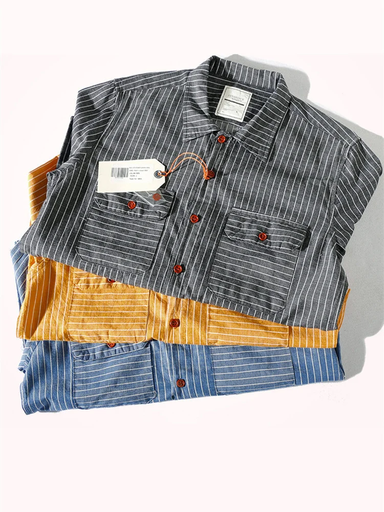 

2021 Spring New Striped Shirt Men's Japanese Fashion Long Sleeve Retro Pure Cotton Washed Old Multi Pocket Cargo Casual Shirt