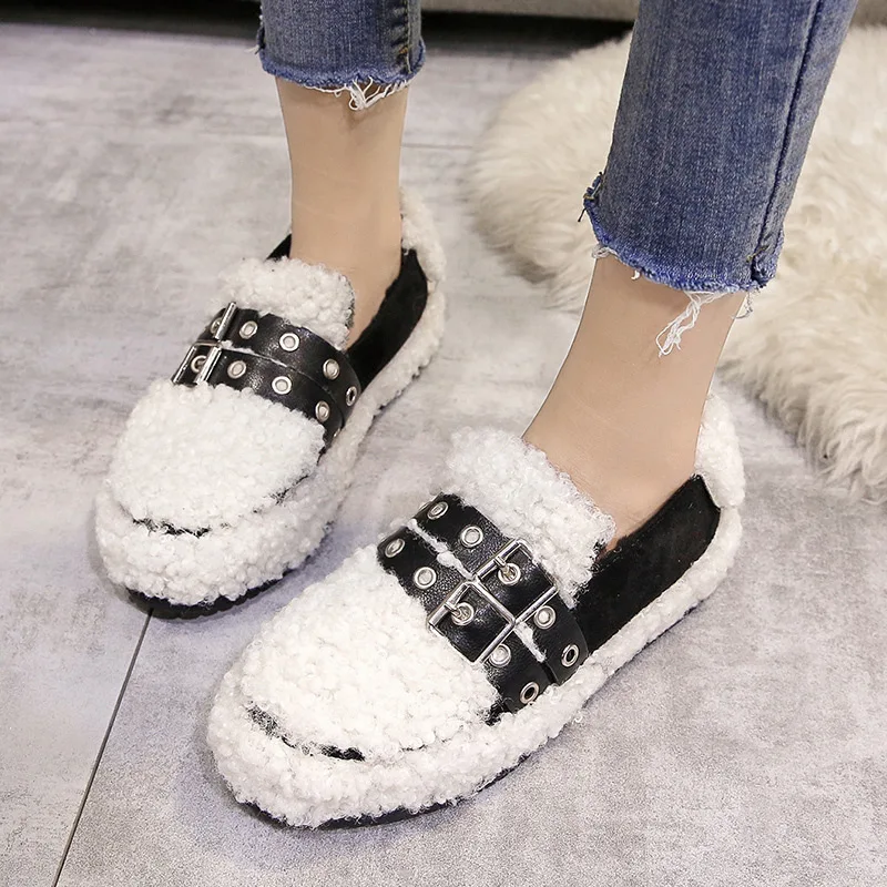 

Winter Shoes Women Fur Flat Shoes Warm Comfortable Fashion Women's Flats Ladies Thick Bottom Winter Flats Black Shoes Size 35-40