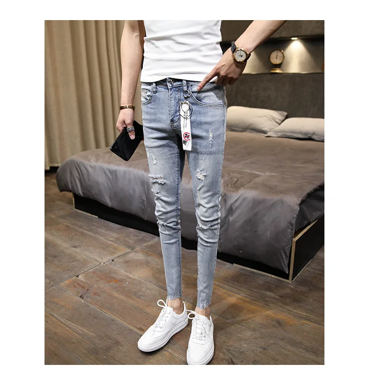 NEW spring autumn skinny strech Casual ripped hole fashion black teenagers hip hop cowboy denim leg jeans men pencil pants