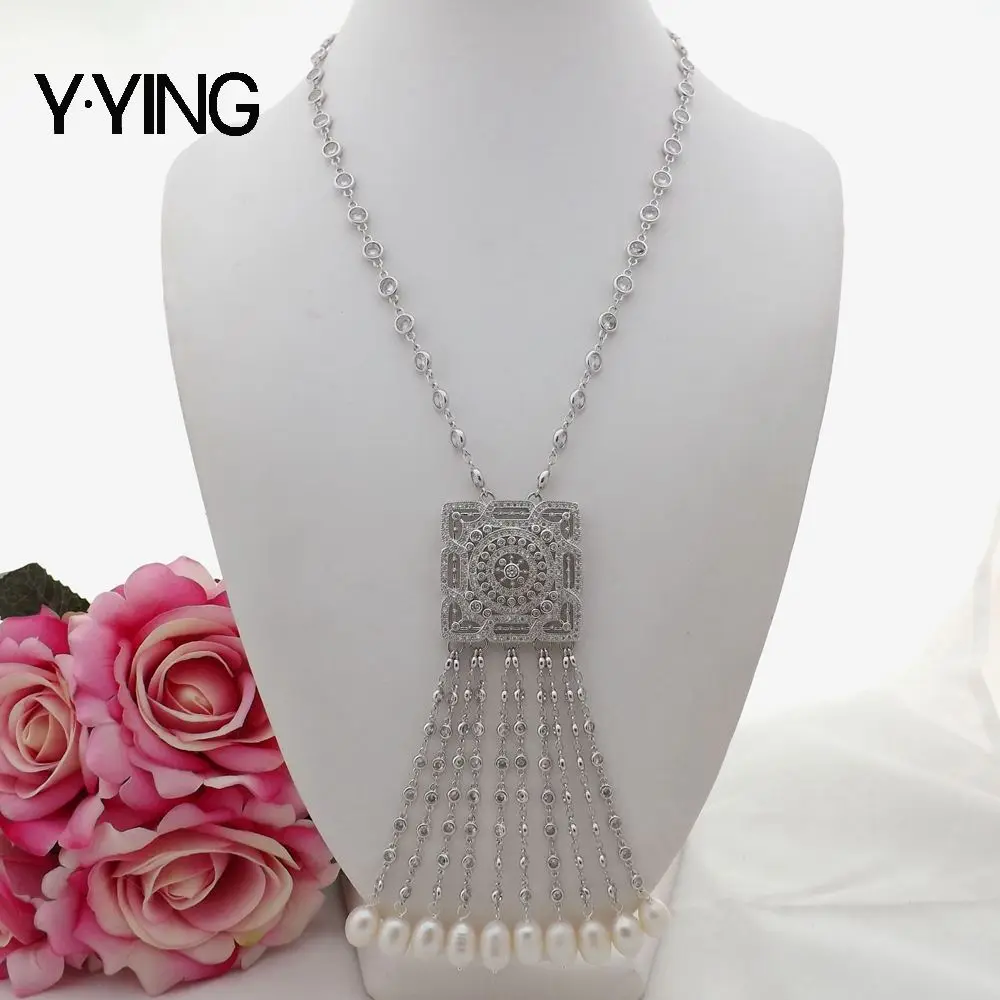 Цепочка с кулоном ожерелье кубическим цирконием Пресноводный Жемчуг белого риса