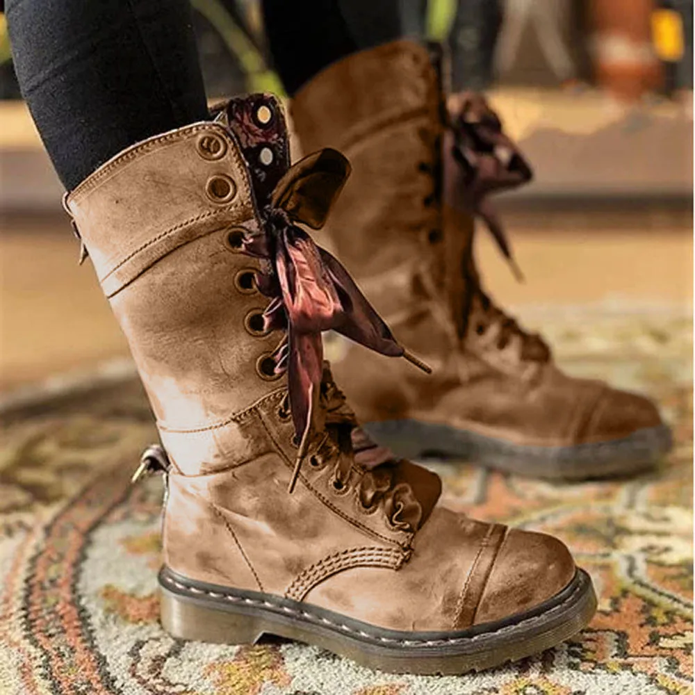 2019 boots women Retro Shoes Leather Middle Boot Non-Slip Round Toe Lace-Up Boots zapatos de mujer ботинки женские#C20 | Обувь